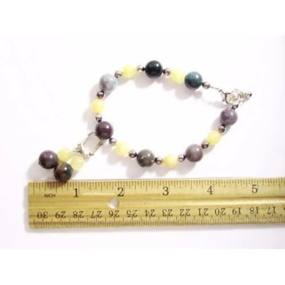 ARTISAN YELLOW, PURPLE, GREEN AGATE GEM SILVER BRACELET & DROP‎ EARRING SET